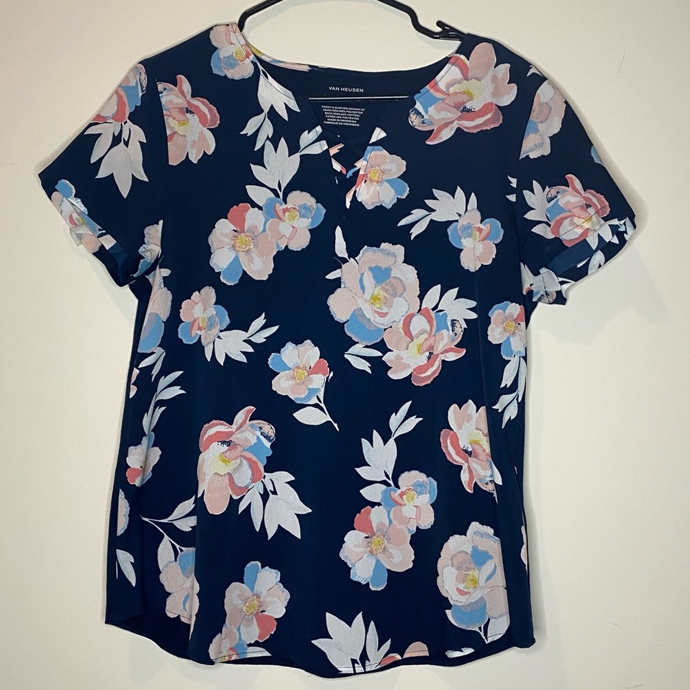 Van Heusen, navy blue, floral, v neck t shirt